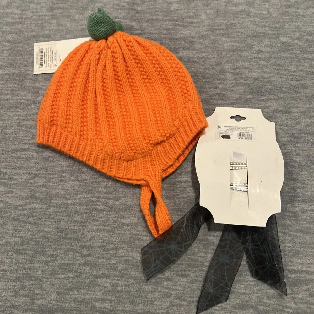 Cat & Jack Baby Halloween Pumpkin‎ Hat Stretch & Spider Web Hair Clips Bows New - Picture 2 of 13